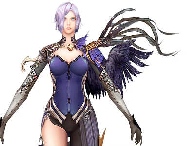 Fantasy Game Character With Purple Hair Purple Corset And Black Feather Wings 3d model