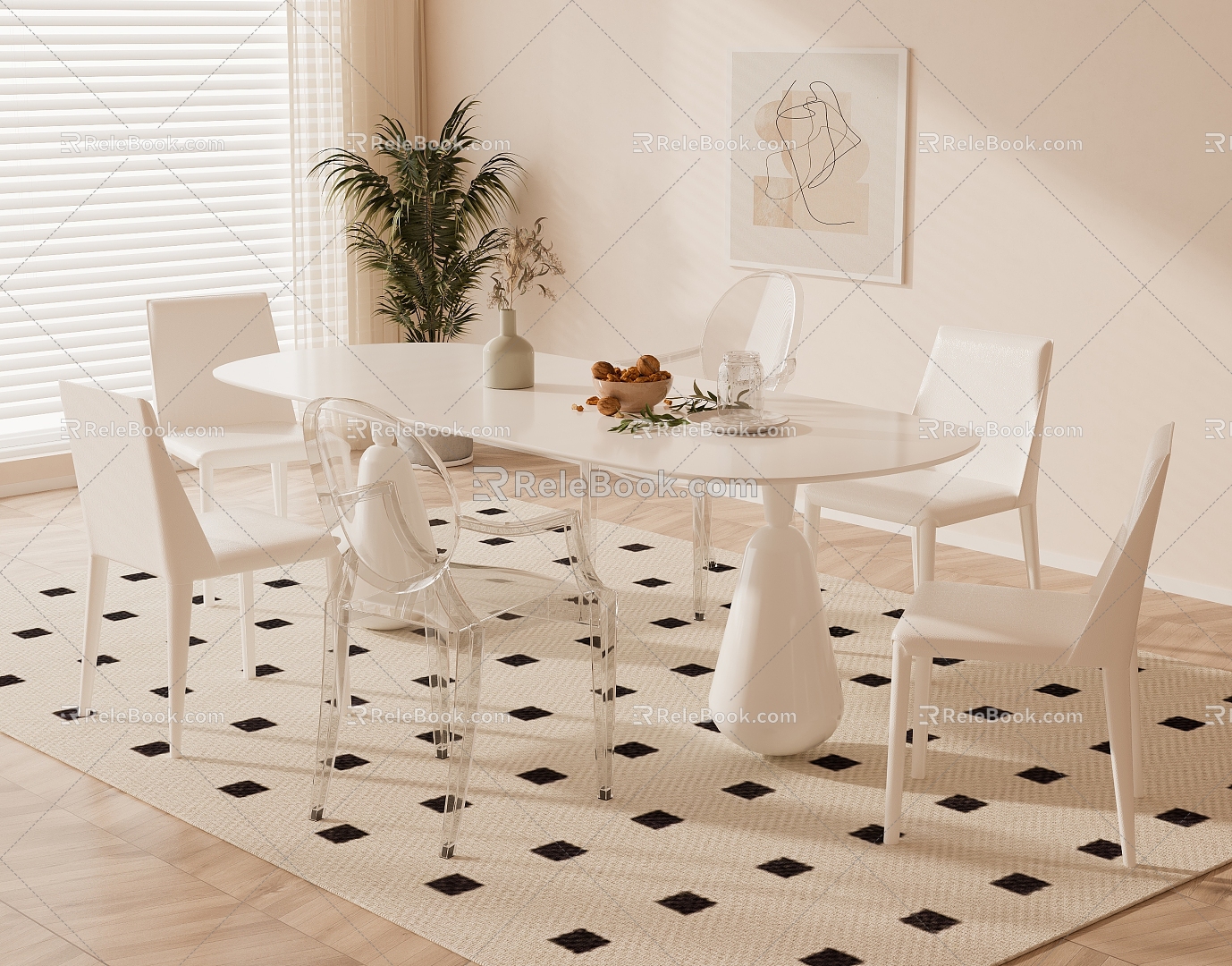 Modern Cream Style Dining Table and Chair Combination Fabric Backrest Chair Book Ornaments Potted Plant Decorative Painting Carpet 3d model