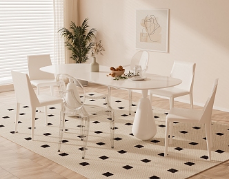 Modern Cream Style Dining Table and Chair Combination Fabric Backrest Chair Book Ornaments Potted Plant Decorative Painting Carpet 3d model