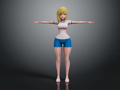 Animated 3D Female Video Game Character With Blonde Hair White Top And Blue Shorts 3d model