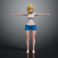 Animated 3D Female Video Game Character With Blonde Hair White Top And Blue Shorts