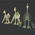 Three Mythical Bird Like Animals With Colorful Feather Designs Standing On White Background