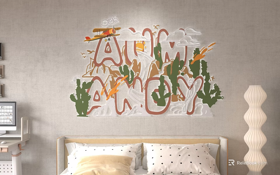 Modern Bedroom Wall Decor With AIM AWAY Lettering Cactus Airplane And Clouds Design 3d model 