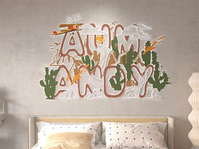 Modern Bedroom Wall Decor With AIM AWAY Lettering Cactus Airplane And Clouds Design 3d model