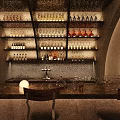 Modern Bar Interior With Arched Design Warm Lighting Wine Racks And Round Tables