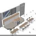 Classroom Interior With Student Desks Chairs Teacher Desk Screen And Blackboard