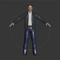 Man In Black Leather Jacket White Shirt Blue Pants With Arms Outstretched On Dark Floor