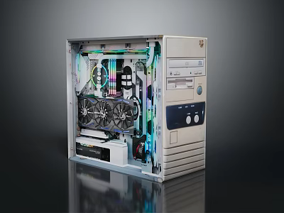 Open Desktop Computer Case Featuring RGB Lighting Cooling Fans And Internal Hardware Components 3d model