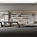 Modern Office Interior Design With Wooden Desk Comfortable Chair Floating Shelves And Linen Sofa