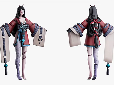 Game Character In Japanese Kimono Red Blue Attire With Long Black Hair Holding Scrolls Ribbon 3d model