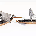 Traditional Wooden Boats with Gray Sails Adorned with Eye Symbols and Wooden Hull