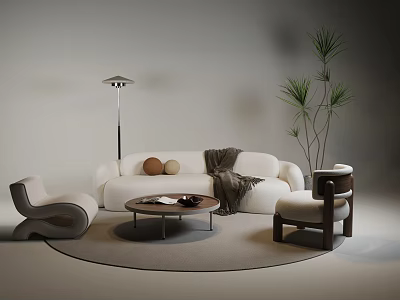 Cozy Beige Casual Sofa Set With Wooden Coffee Table Armchair Floor Lamp And Green Plant 3d model