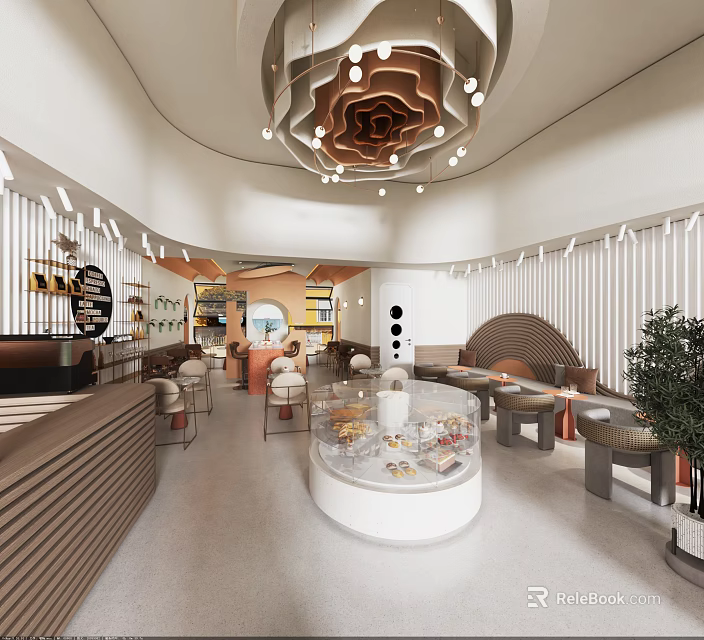 Elegant Modern Dessert Shop Interior With Glass Display Case And Comfortable Seating Area 3d model 