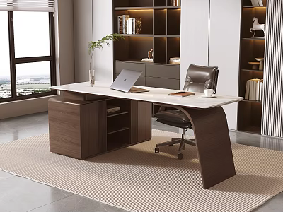 Modern Office Desk With White Top Wooden Frame Ergonomic Chair Laptop And Plant 3d model