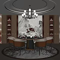 Chinese Restaurant Interior Design With Round Dining Table Chairs Chandelier Landscape Painting Bookshelves And Rug
