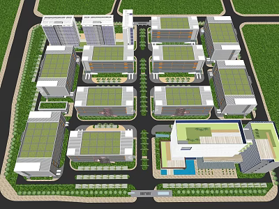 Modern Industrial Park Layout With Green Roof Buildings And Road Network 3d model