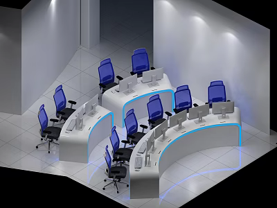 Modern Monitoring Room With Curved Workstations Blue Chairs And Computer Monitors Bright Interior Setup 3d model