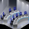 Modern Monitoring Room With Curved Workstations Blue Chairs And Computer Monitors Bright Interior Setup