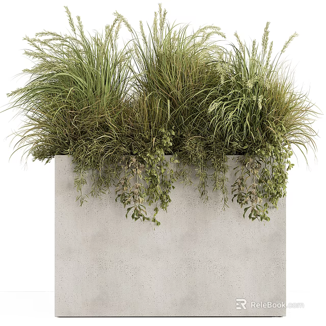Decorative Garden Accent Featuring Concrete Planter With Various Green Grasses And Hanging Foliage 3d model 