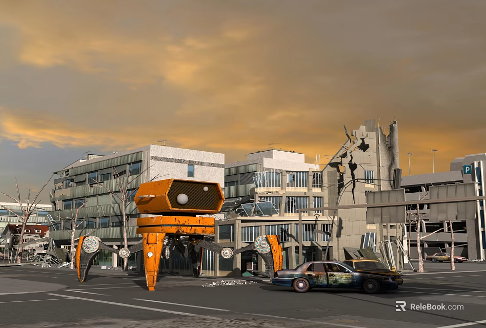 Collapsed Building Structural Components With Metal Frames Broken Walls And Urban Car 3d model 