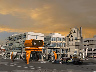Collapsed Building Structural Components With Metal Frames Broken Walls And Urban Car 3d model