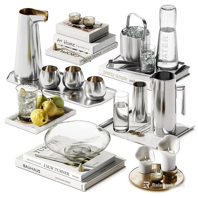 Elegant Silver Cups with Ice Cubes Trays and Pears on Books in Home Decor 3d model 