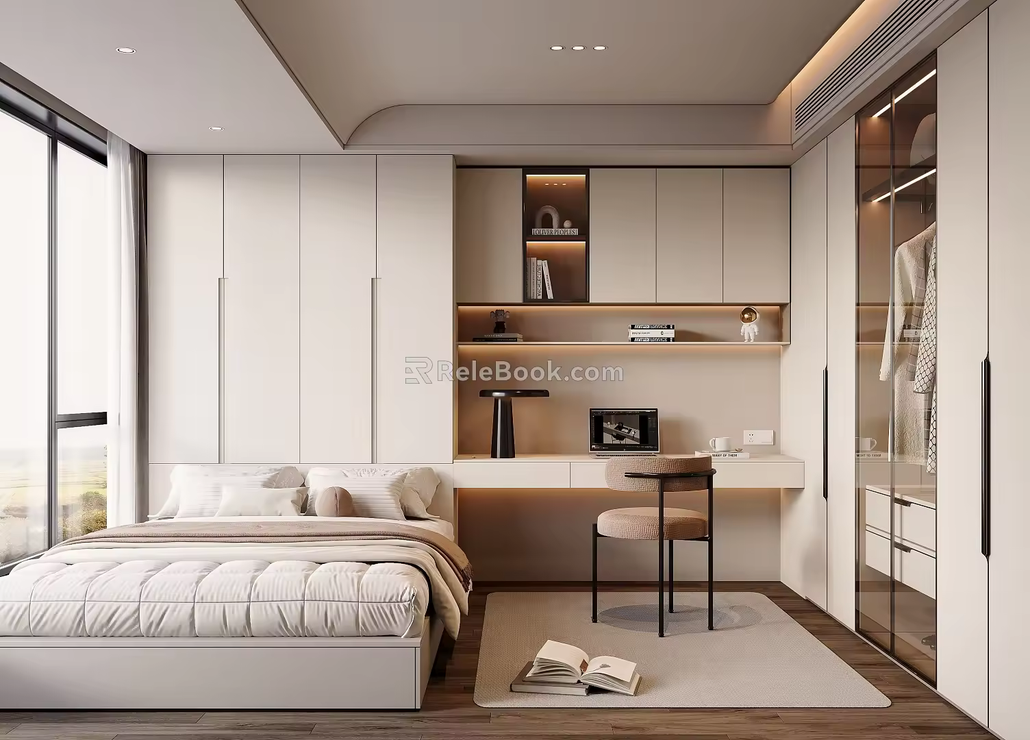 Tatami Bedroom Single Chair Laptop Computer Bookcase Hanging Cabinet Decorative Cabinet Desk Lamp 3d model