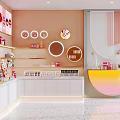 Bright Pink White Store Interior With Curved Design Display Shelves And Colorful Counter