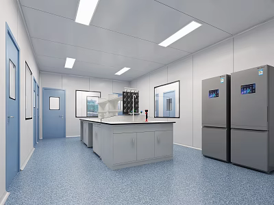 Laboratory Interior Design Featuring Hallway Lab Bench Refrigerators White Walls Blue Floor And Lighting 3d model