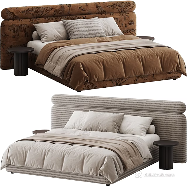 Modern Wabi Sabi Fabric Upholstered Double Bed With Cozy Bedding And Minimalist Round Side Nightstands 3d model 