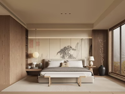 Zen Japanese Bedroom Interior With Wooden Nightstands Lamps Landscape Painting And Bench 3d model