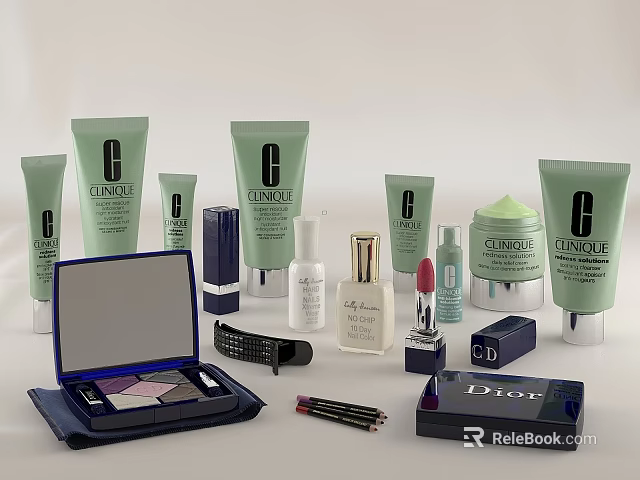 Clinique And Dior Perfumes And Cosmetics Collection With Eyeshadow Palette Lipstick Lotion Cream And Eyeliner 3d model 