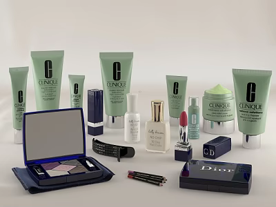 Clinique And Dior Perfumes And Cosmetics Collection With Eyeshadow Palette Lipstick Lotion Cream And Eyeliner 3d model