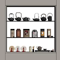 Elegant Tea Set Arrangement with Multiple Teapots Tea Caddies and Saucers on Shelf