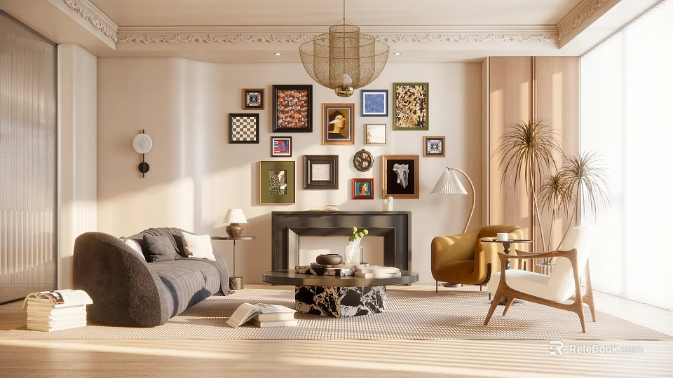 Cozy Modern Living Room With Sofa Fireplace Framed Wall Art Chandelier And Armchair 3d model 