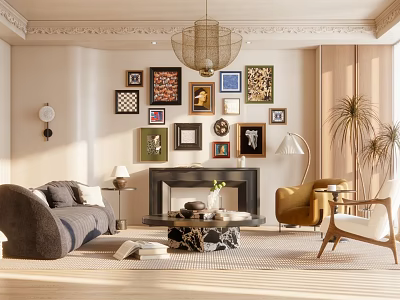 Cozy Modern Living Room With Sofa Fireplace Framed Wall Art Chandelier And Armchair 3d model