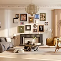 Cozy Modern Living Room With Sofa Fireplace Framed Wall Art Chandelier And Armchair