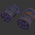 Two Industrial Black Cylindrical Devices With Yellow Black Stripes And Metal Handles