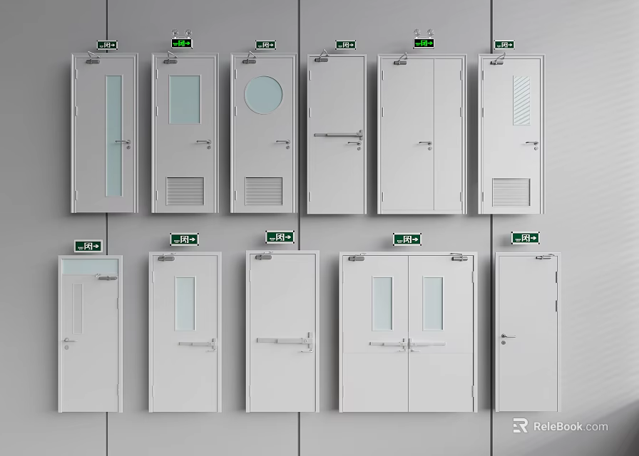 Various Types Of White Safety Doors With Emergency Exit Signs And Glass Panels 3d model 
