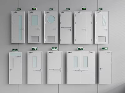 Various Types Of White Safety Doors With Emergency Exit Signs And Glass Panels 3d model