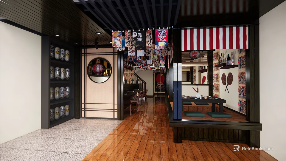 Traditional Japanese Restaurant Interior With Ukiyo e Banners Washi Paper Doors And Tatami Seating 3d model 