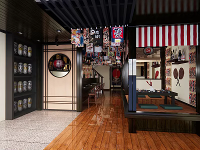 Traditional Japanese Restaurant Interior With Ukiyo e Banners Washi Paper Doors And Tatami Seating 3d model