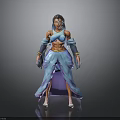 Woman 3D Model With Blue Flowing Dress Midriff Baring Top And Decorative Arm Bands