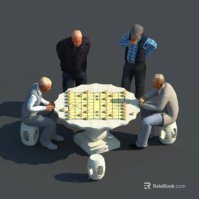 Elderly Men Playing Chess Around Stone Table With Chessboard And Pieces 3d model 