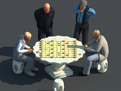 Elderly Men Playing Chess Around Stone Table With Chessboard And Pieces 3d model