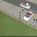 Spacious Parking Lot With White Cars People Walking Marked Spaces And Lamp Posts