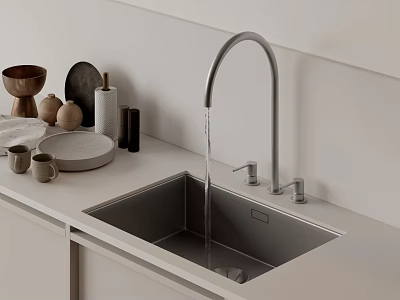 Stainless Steel Kitchen Faucet with Water Flowing into Modern Sink and Ceramic Items on Countertop 3d model