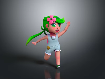 Game and Movie Character Running Smiling With Green Hair Pigtails Pink Flower And Blue Overalls 3d model