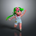 Game and Movie Character Running Smiling With Green Hair Pigtails Pink Flower And Blue Overalls