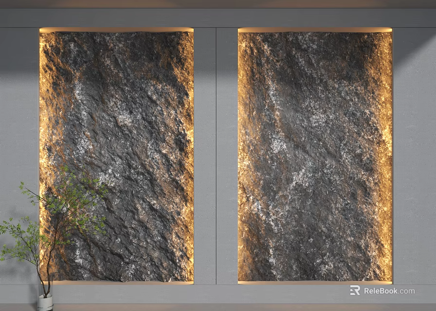 Elegant Modern Background Wall with Natural Stone Texture Soft Lighting and Potted Green Plant 3d model 